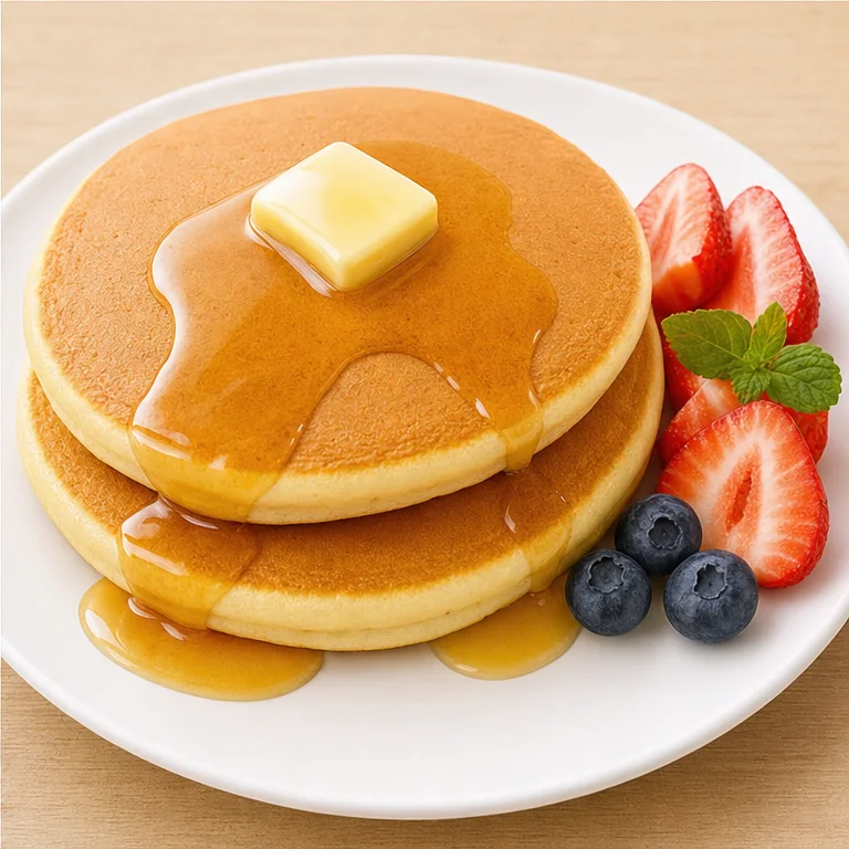 Put the cooked hotcake on a plate.
Sometimes people put butter or syrup on it.
It is fluffy and tastes sweet.