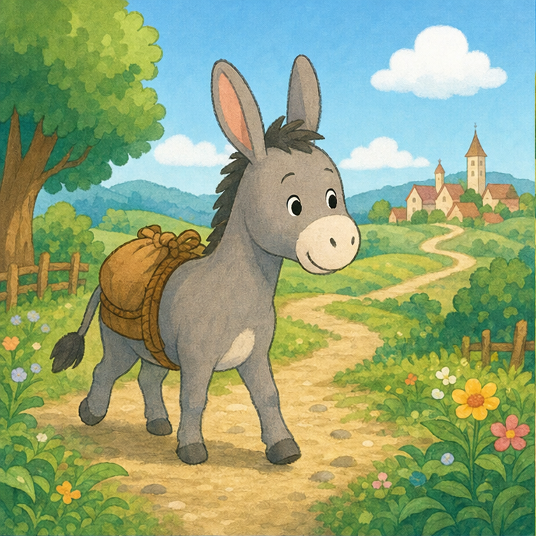むかしむかし、1ぴきの ろばさんが いました。
ろばさんは 年をとって、重い荷物を運ぶのが むずかしくなりました。
でも、ろばさんは 思いました。
「そうだ！ ブレーメンの町へ行って、音楽隊に なろう！」
ろばさんは、ぽこぽこ ぽこぽこ、歩き出しました。