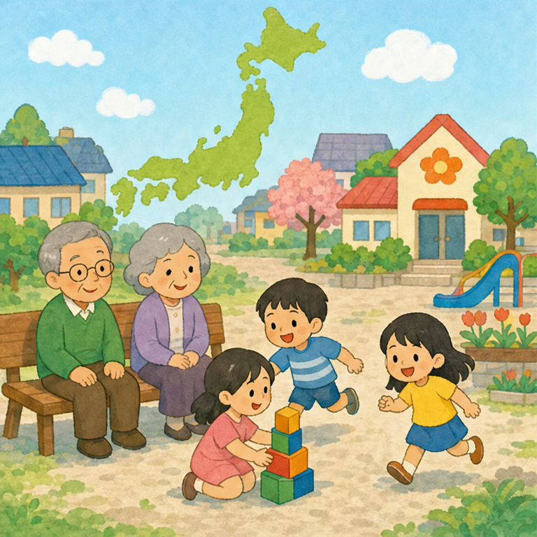 反対に、住む人が少しずつ減っている国もあります。
日本も、そのひとつです。
赤ちゃんが生まれる数が少ないと、子どもの人数も少しずつ少なくなることがあります。
でも、おじいちゃんやおばあちゃんが元気に長生きしているのも、日本のすてきなところです。