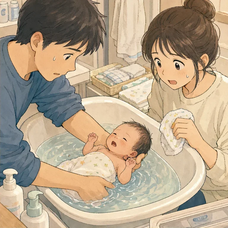 막상 물에 넣어 보니, 아기의 몸은 생각했던 것보다 훨씬 작고 부드럽게 느껴졌습니다.
“목은 잘 받치고 있어?” “거즈 어디 있어?” “등은 어떻게 씻기는 거였지?”
부부가 작은 목소리로 확인하는 말이 끊이지 않았습니다.
아기가 조금만 울어도, 우리 심장 소리까지 커진 것 같았습니다.