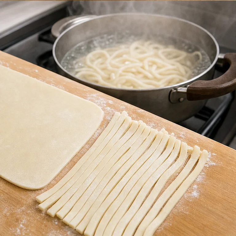The dough is stretched out thin.
When it is cut into long, narrow pieces, it becomes the shape of udon.
When boiled in hot water, it becomes soft.
