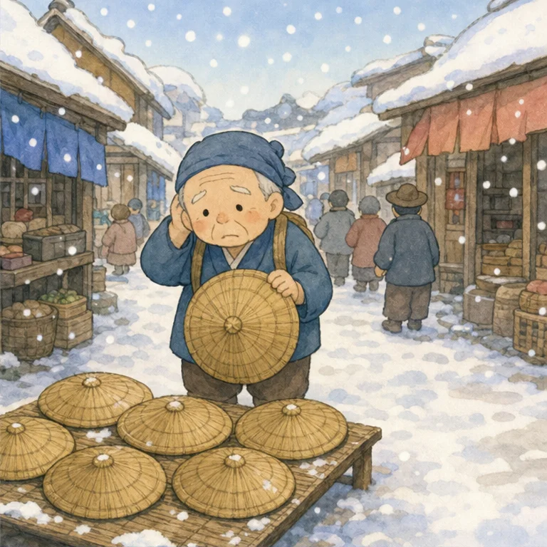 But in town, no one bought the hats.
The old man could not buy any rice cakes.
“It can’t be helped. I’ll go back to the old woman.”
The old man slowly walked home along the snowy road.