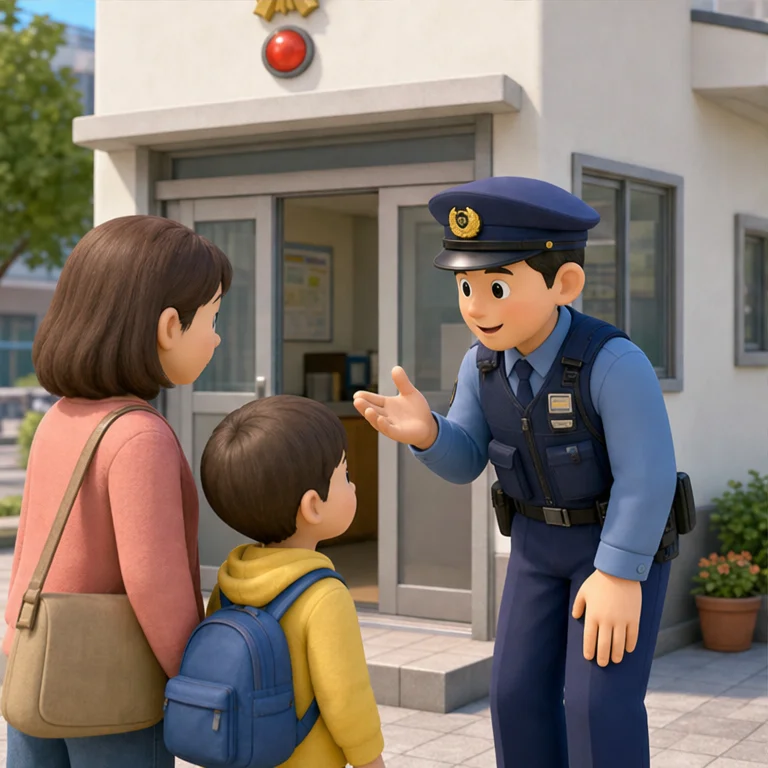 道がわからないとき、交番で聞くことができます。
落とし物をしたときも、相談できます。
警察官が、話を聞いてくれます。