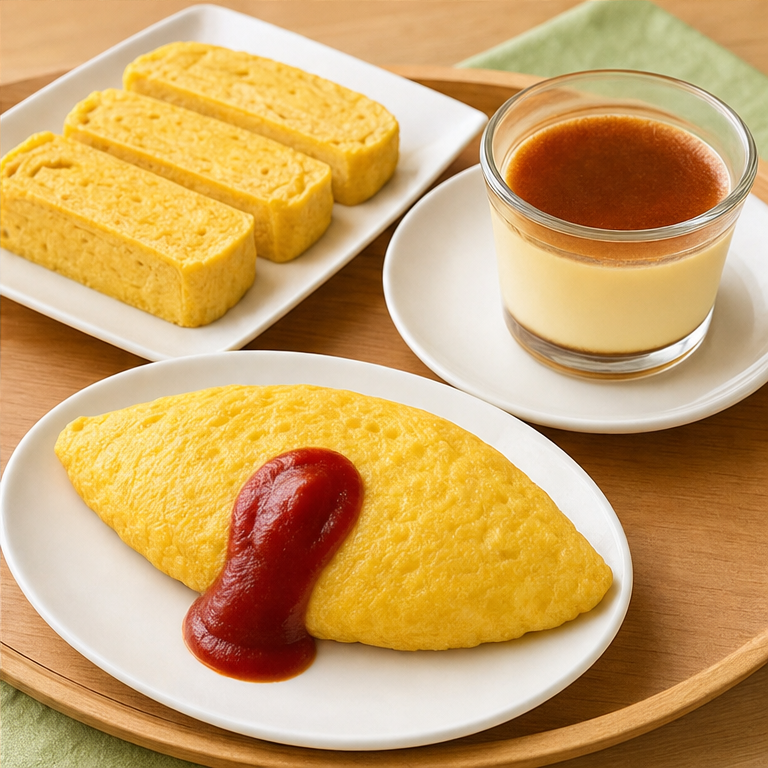 たまごは、いろいろな料理に使われます。
たまごやきや、オムレツにも入っています。
プリンにも、たまごを使うことがあります。