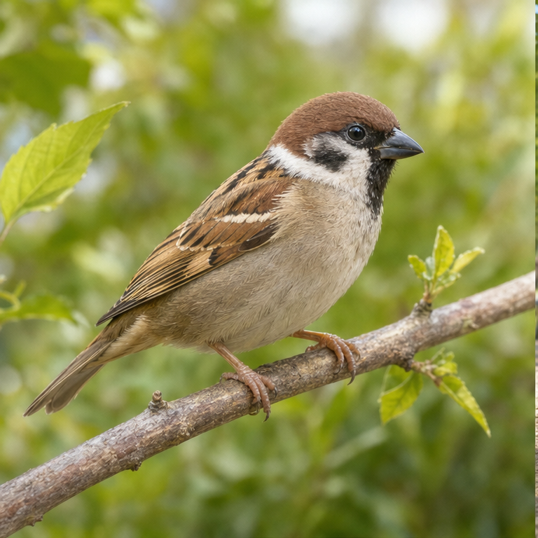 すずめは、小さな鳥です。
茶色い羽と、白っぽいおなかがあります。
くちばしで、食べものをつつきます。