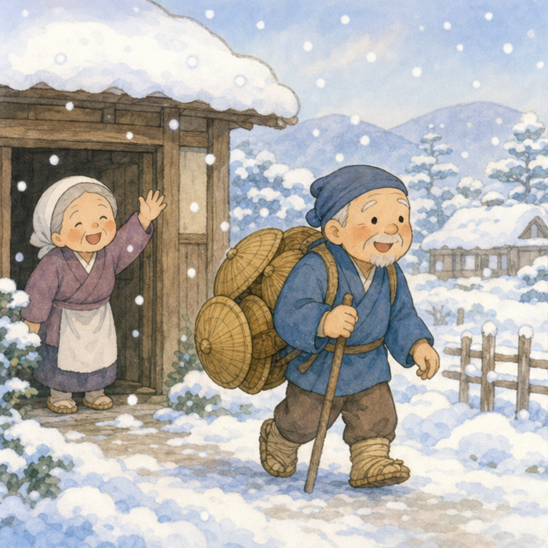 むかしむかし、あるところに、やさしい おじいさんと おばあさんが すんでいました。
もうすぐ お正月です。
おじいさんは、わらで作った かさを 町へ 売りに行くことにしました。
「売れたら、おもちを 買ってこようね」