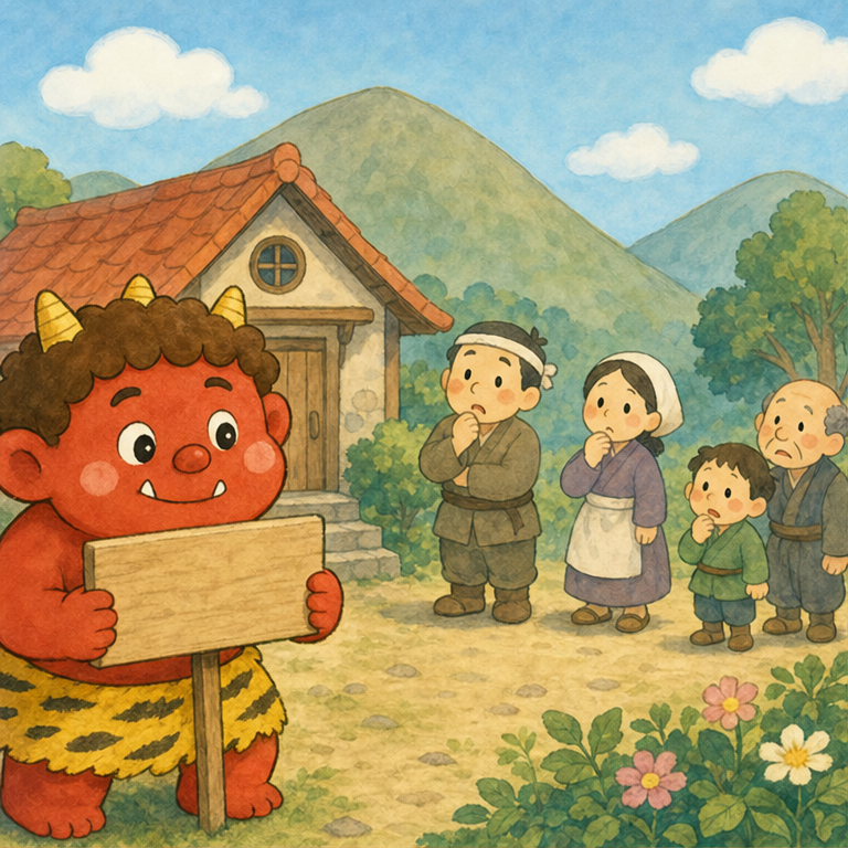 山に、赤おにさんが すんでいました。
赤おにさんは、とても やさしい おにでした。
でも、村の人たちは『おにって こわいのかな？』と思って、なかなか 近づいてくれません。
赤おにさんは、さびしくて言いました。
『みんなと お友だちに なりたいなぁ』