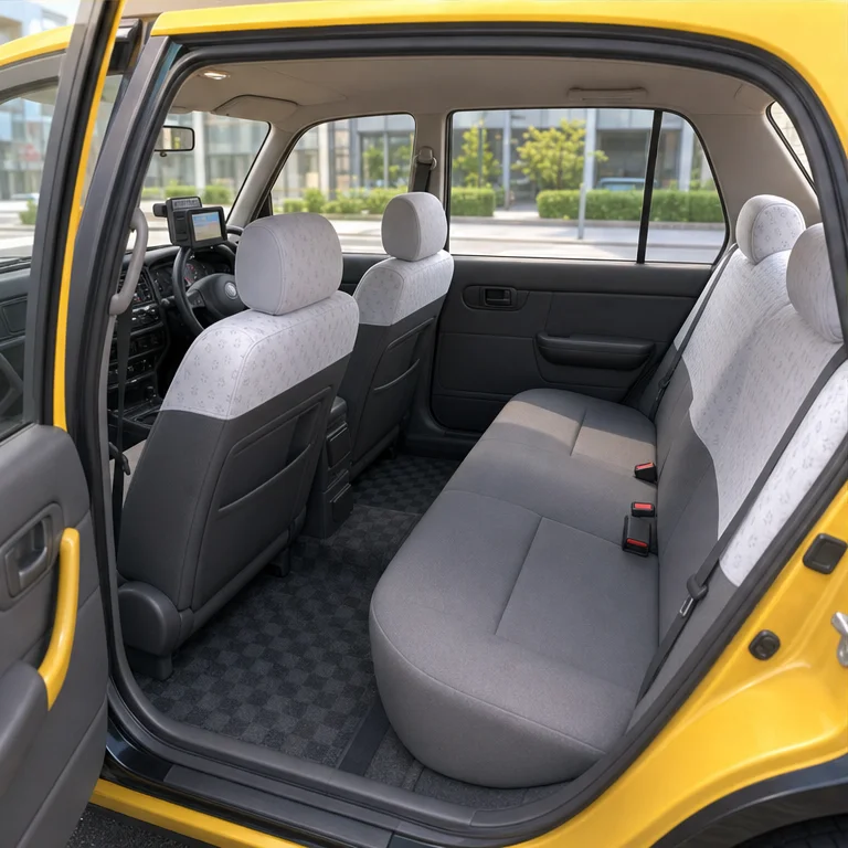 Inside a taxi, there is a seat for driving.
In the front, there is a driver's seat and a passenger seat.
Passengers often sit in the back seat.
When you get in, fasten your seat belt.