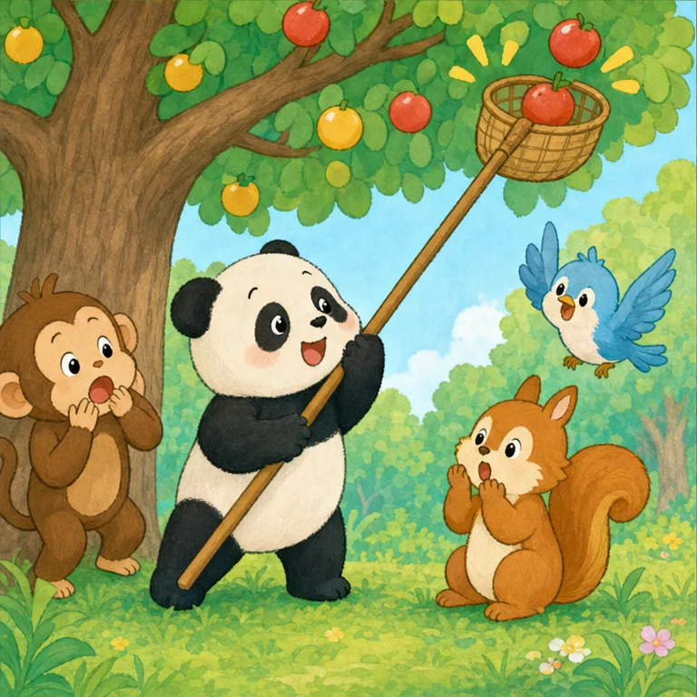 子パンダは、少し 考えました。
「木に 登れないなら、ほかの やり方を さがしてみよう！」
子パンダは、長い棒を 見つけました。
そして、棒の先に 籠を つけました。
ぐーんと 伸ばすと……木の実が 籠に ぽとん！