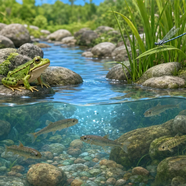 川には、魚がすんでいます。
川の近くには、カエルや虫がいることもあります。
水や草は、生きもののくらしを助けます。