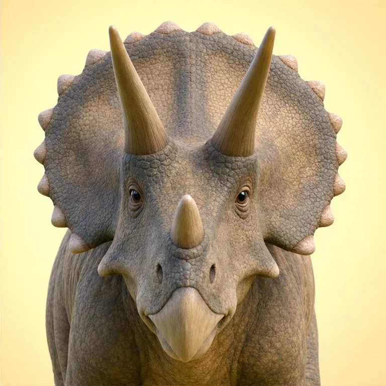 Triceratops has three horns.
There are two above its eyes and one above its nose.
Behind its head, it has a large frill.