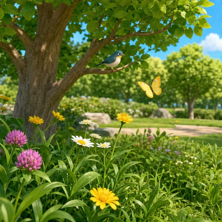 공원에는 나무와 꽃이 있어요.
풀 근처에 벌레가 있을 때도 있어요.
새소리가 들릴 때도 있어요.