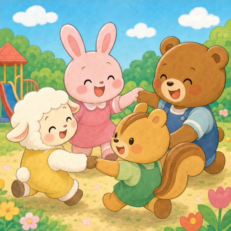 それから モコちゃんは、少しずつ みんなと お話できるように なりました。
「モコちゃん、こっちだよ」
「くまちゃん、いっしょに やろう」
名前を よぶと、『あなたと あそびたいよ』という 気持ちが 伝わります。
友だちは、名前を 知って、やさしく 声をかけるところから はじまるんだね。