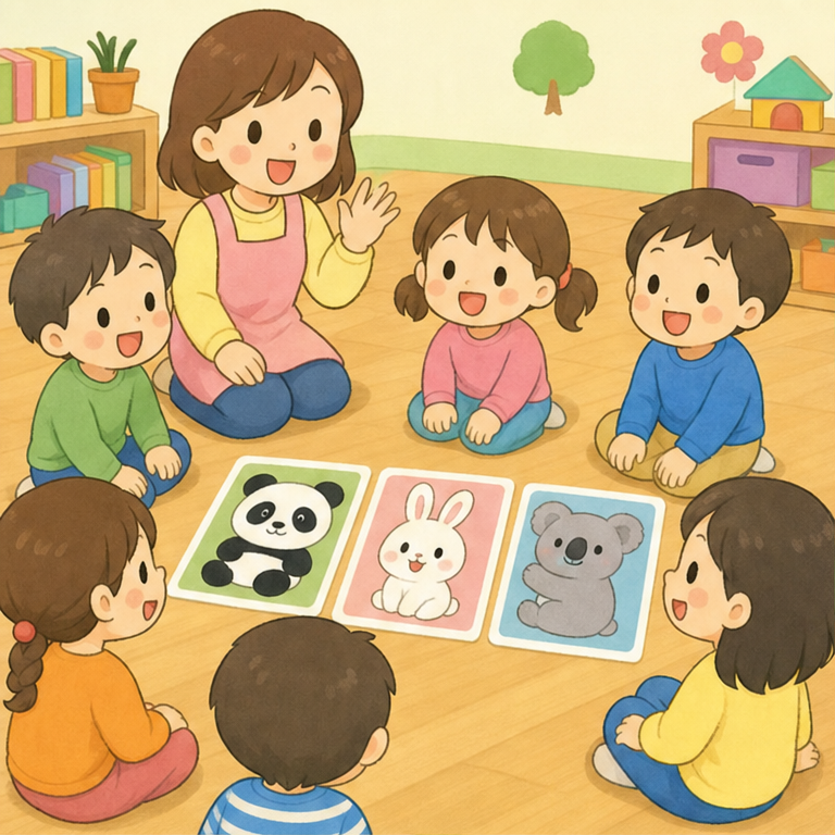 これから、どうぶつの手遊びをするよ。
出てくるどうぶつは、パンダさん、うさぎさん、コアラさん。
手を使って、どうぶつのまねっこをしてみよう。
先生やおうちの人を見ながら、ゆっくりやれば大丈夫だよ。