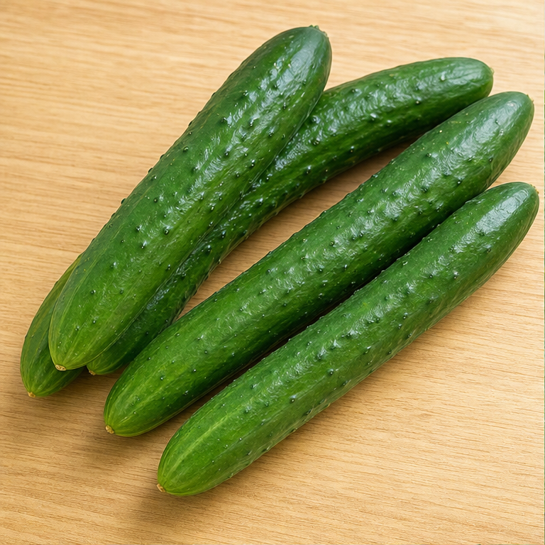 きゅうりは、細長い形の野菜です。
外は、緑色をしています。
さわると、少しでこぼこしています。