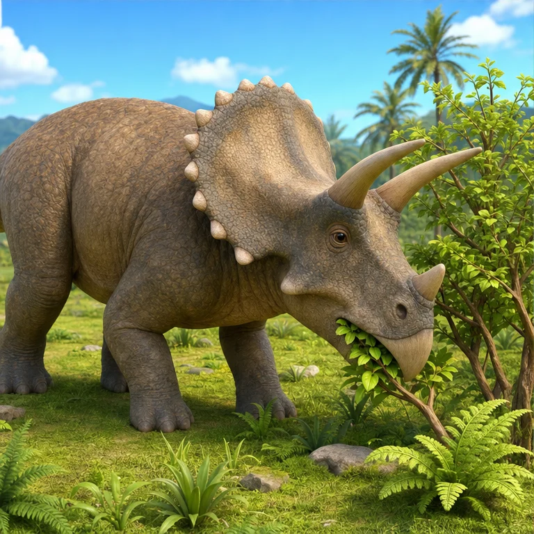 Triceratops ate plants, not meat.
It was a dinosaur that munched on grass and leaves.
This kind of dinosaur is called a herbivorous dinosaur.
