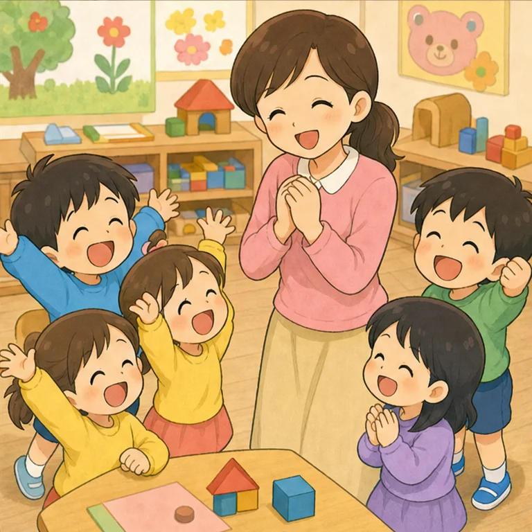 みんながやさしく助けてくれたので、先生はだんだん大きくなって……
ぽんっ！もとの大きさに戻りました。
先生はにっこり笑って言いました。
「みんな、ありがとう。あわてずに、やさしく助けてくれて、すてきだったよ」
子どもたちは、助け合うとみんなが安心できることを知りました。