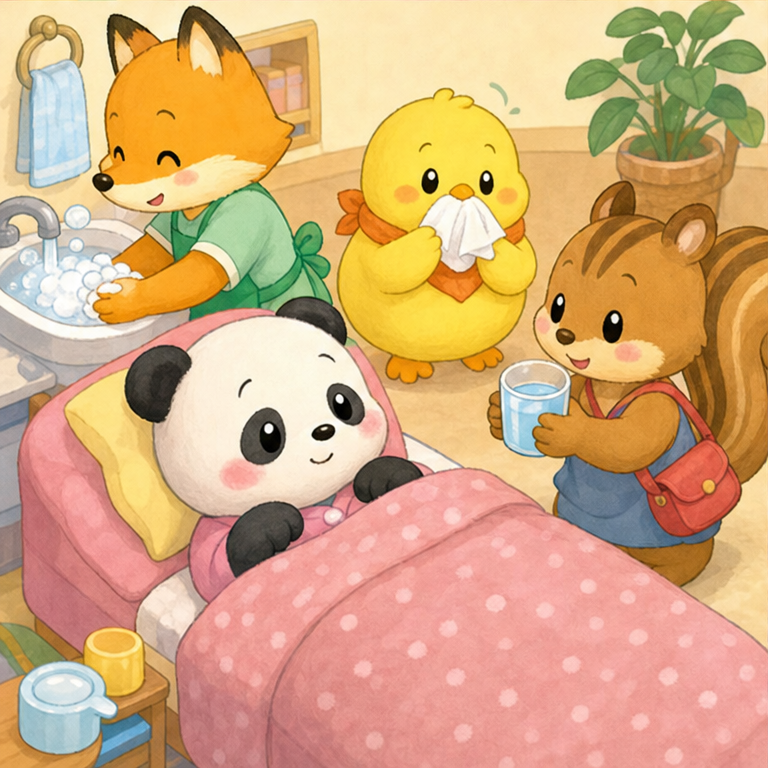 せきや鼻水が出るときは、ティッシュを使おうね。
手を洗うと、みんなで気持ちよくすごせます。
お水を飲んで、ゆっくりするのも大事だよ。