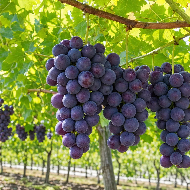 Grapes grow on vines.
The vines also have big leaves.
Bunches of grapes hang down from the vines and grow.