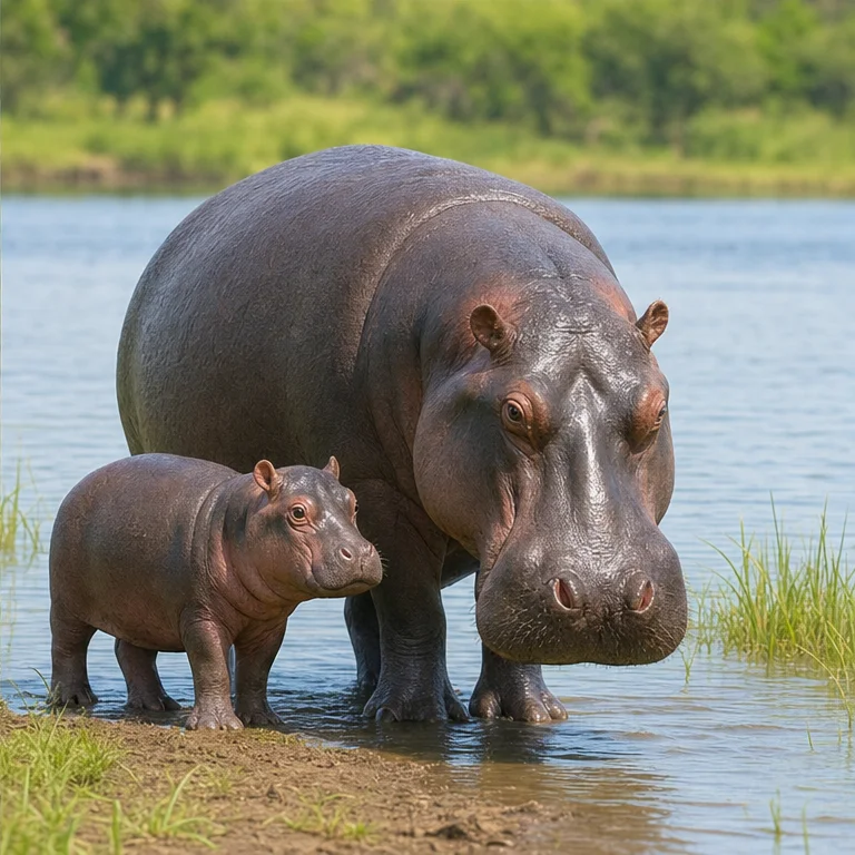 Hippos have babies too.
Baby hippos grow up close to their parents.
Even when they are small, they go into the water.