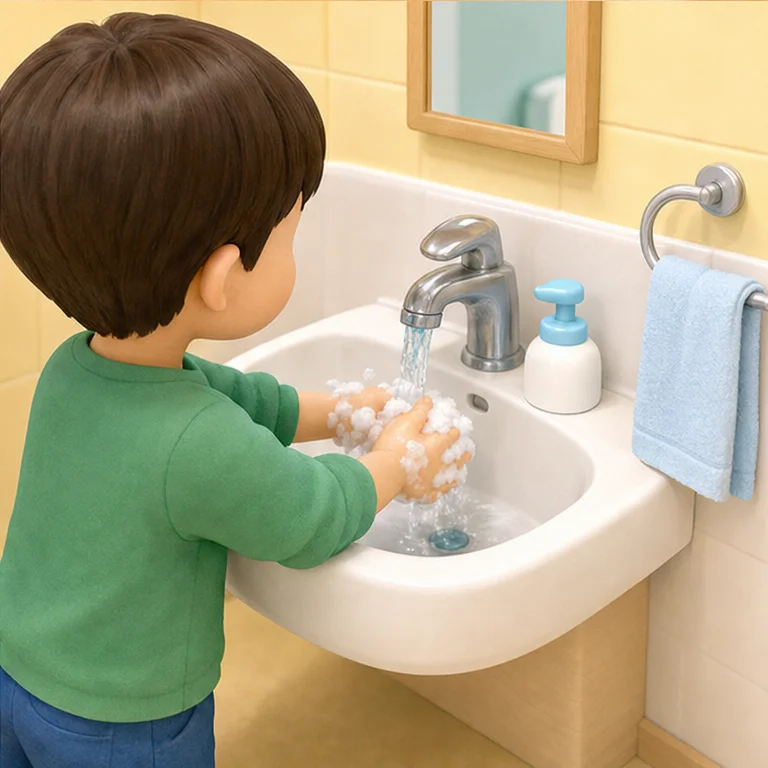 After using the toilet, wash your hands.
Put on soap and scrub your hands.
Rinse with water and dry them with a towel.