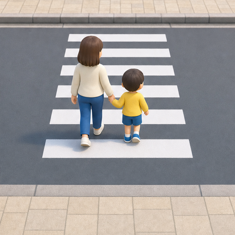わたるときも、まわりをよく見ます。
車や自転車が来ないか、たしかめます。
走らずに、まっすぐ歩いてわたります。