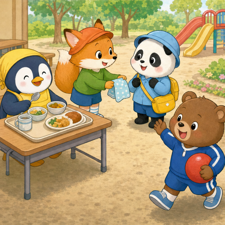 小学校では、勉強だけでなく、友だちと遊ぶ時間もあります。
給食を食べたり、休み時間に体を動かしたりします。
こまったときは、先生や友だちに言っていいのです。