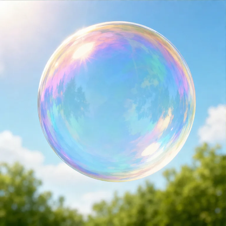 A soap bubble is see-through.
When light shines on it, colors like a rainbow can be seen.
The colors change a little depending on where you look from.