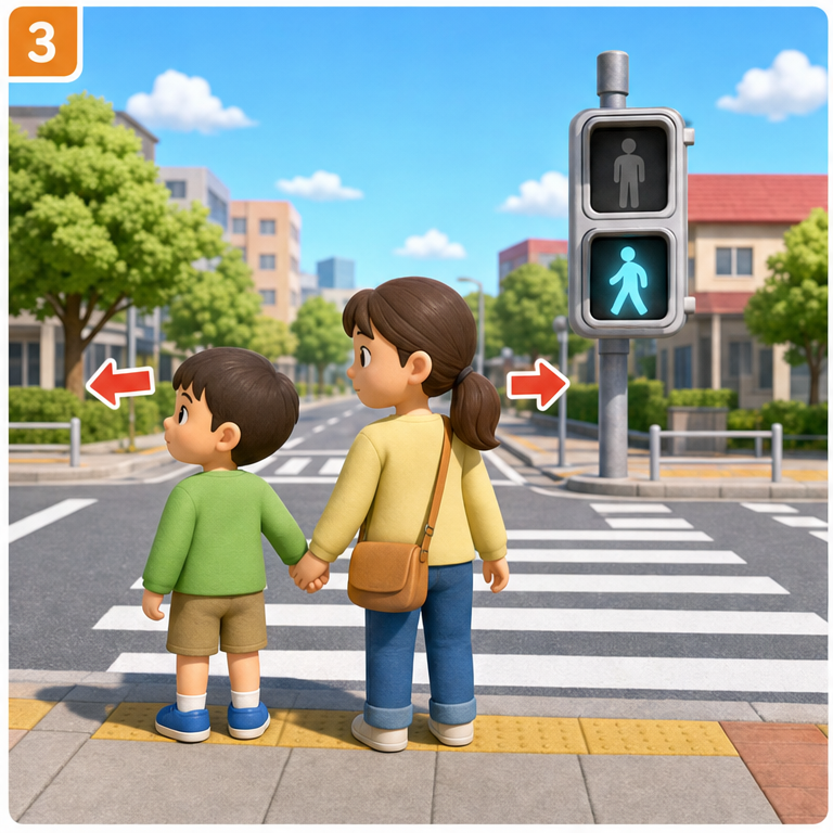 青は、わたってよい合図です。
でも、すぐに走り出しません。
右と左を見て、安全をたしかめてからわたります。