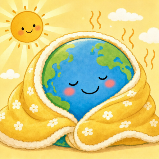 地球は、みんなのおうちです。
ポカポカの太陽が、地球をあたためてくれます。
あたたかいけど、ちょっと暑すぎないかな？