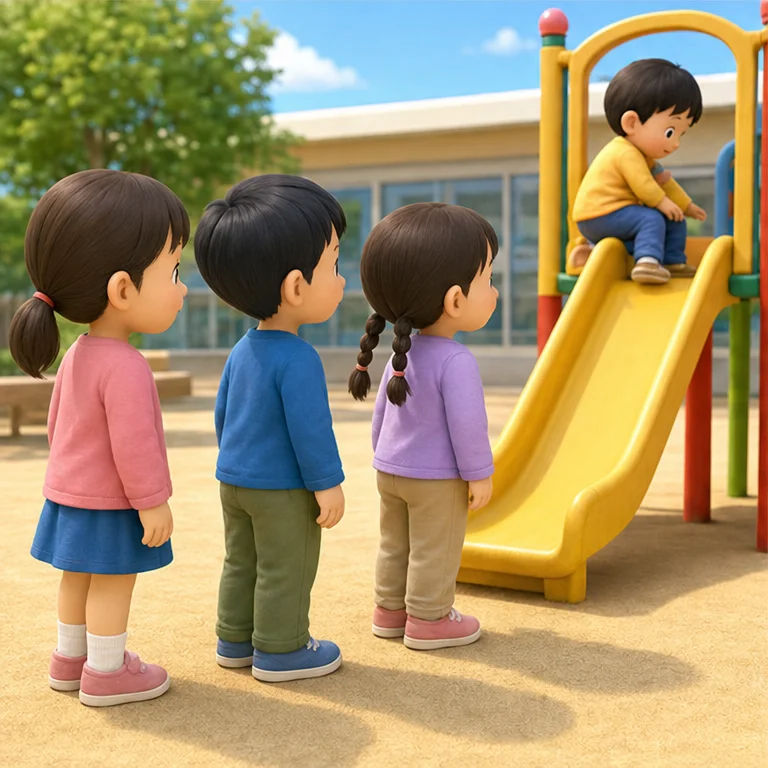 Toys and playground equipment are for everyone to use.
When you want to use them, you wait for your turn.
When you can say “Go ahead,” everyone can play happily together.