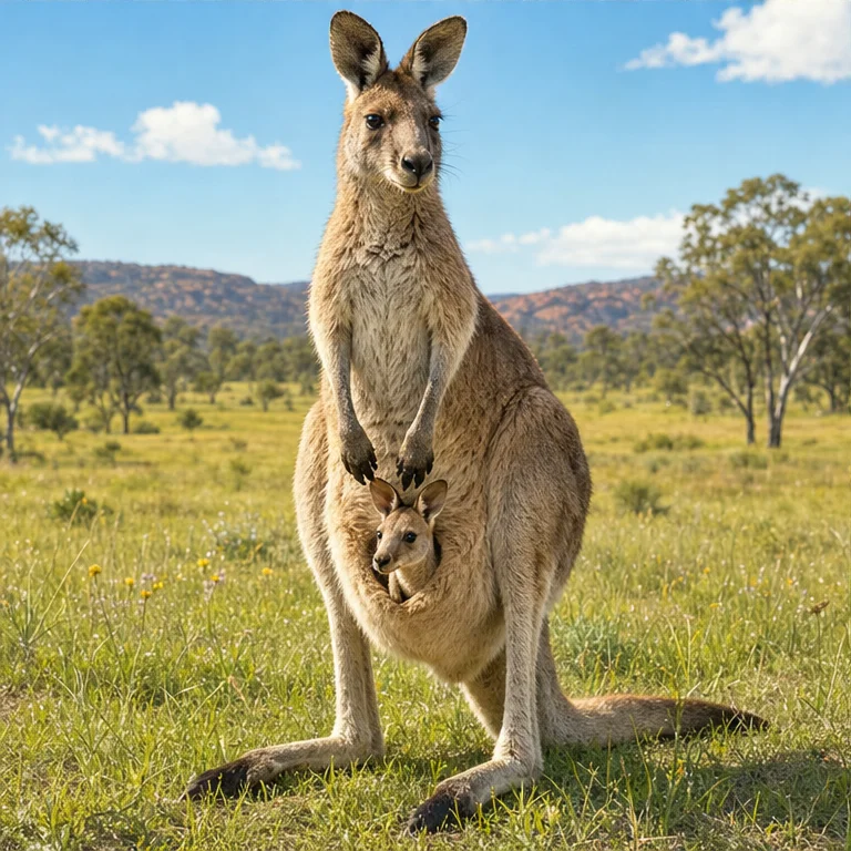 A mother kangaroo has a pouch on her belly.
The baby grows inside that pouch.
When the baby gets a little bigger, it may poke its face out.