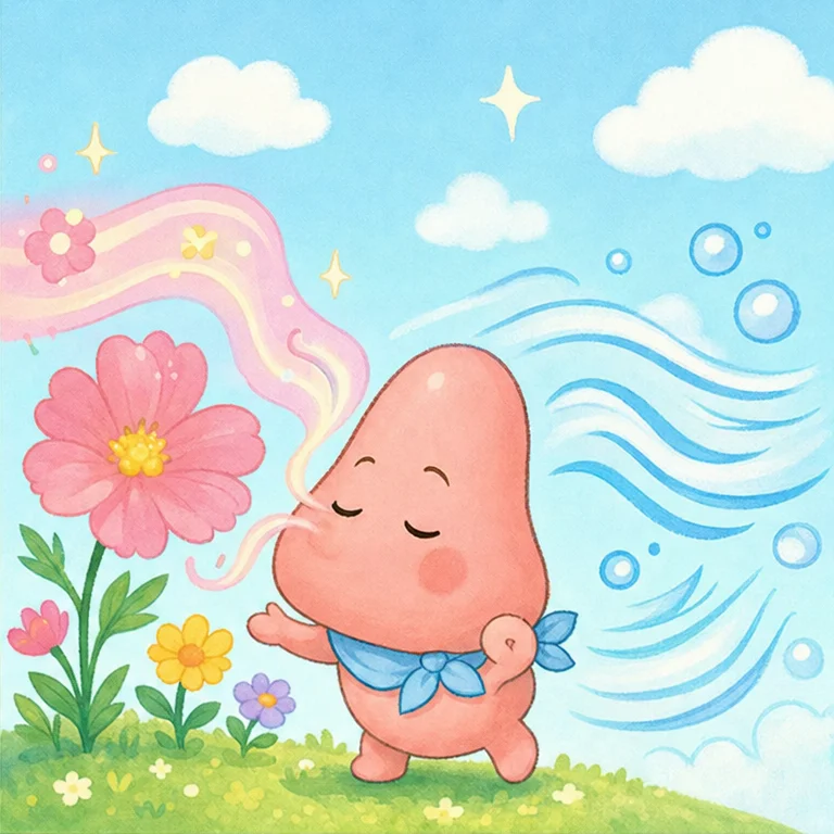 鼻は、においをかぐところです。
花のにおいや、ごはんのにおいが分かります。
息をするときの、空気の通り道にもなります。