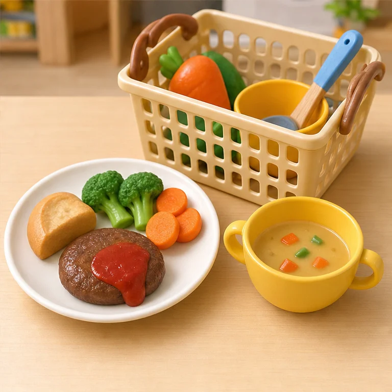 做好的料理，要漂亮地放在盤子上。
說「請用」，然後模仿吃東西。
玩完之後，把工具收進籃子裡。