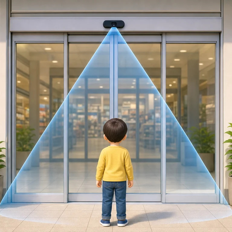 Above the door, there is a machine called a sensor.
The sensor notices when a person comes close.
Then it sends the door a signal that says, “Please open.”