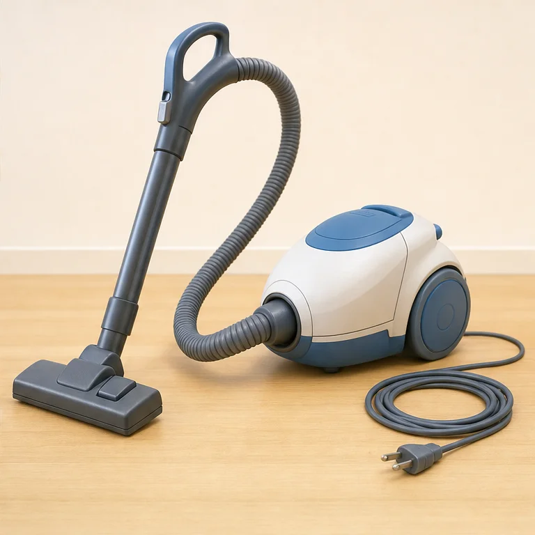 A vacuum cleaner has a suction head that touches the floor.
Dust goes through the hose and into the main body.
You hold the handle and move it slowly.