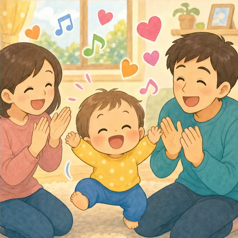 赤ちゃんの クネクネダンスを 見ると、ママもパパも 笑顔になります。
『かわいいね』『たのしいね』って、心が ぽかぽかします。
ベイビーダンスは、赤ちゃんの うれしい気持ちが 体から 出てくる ダンスです。
すきな歌が きこえると、赤ちゃんの心も 体も うきうきするんだね。