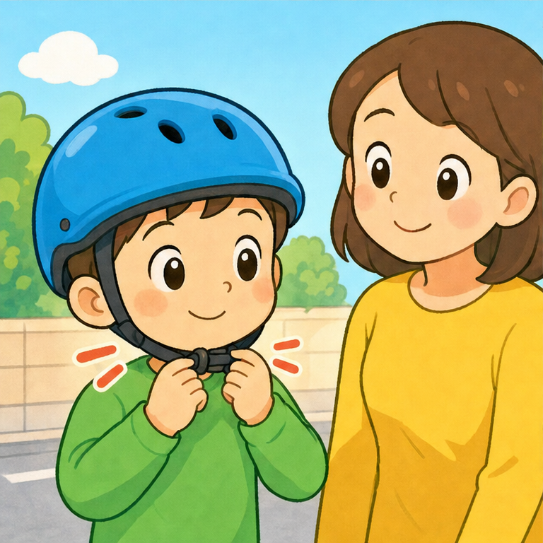 ヘルメットは、ただ のせるだけじゃなくて、じょうずに かぶろう。
おでこまで しっかり かぶるよ。
あごのひもを、カチッ。
ぐらぐら しないかな？ きつすぎないかな？ 大人の人と たしかめよう。