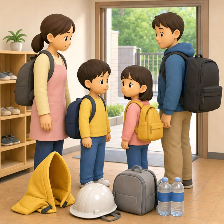 Even after the shaking stops, do not move around by yourself.
Go to a safe place together with your teacher or family.
It is reassuring to prepare an emergency bag and water.