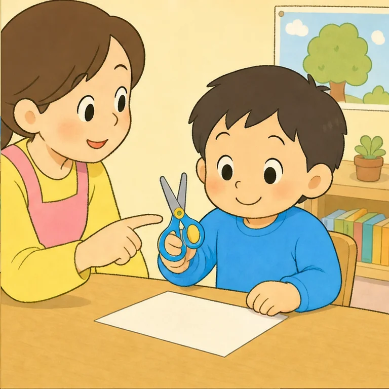 We hold scissors while sitting down.
Put your thumb in the top hole.
Put your other fingers in the bottom hole.
Keep your thumb on top and try opening and closing them.