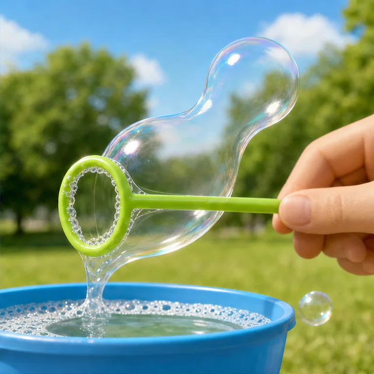 Put soapy water on the ring.
Blow gently: whooo.
When air goes in, a soap bubble is made.
