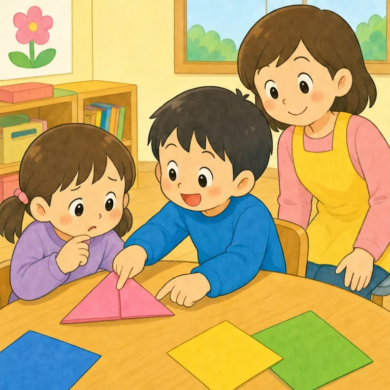 어라라?
접는 방법을 잘 모르겠는 친구가 있어요.
그럴 때는,
“괜찮아?”
“같이 해 보자.”
하고 다정하게 말해요.
종이접기는 혼자 해도 즐겁지만, 다 함께 하면 더 즐거워요.