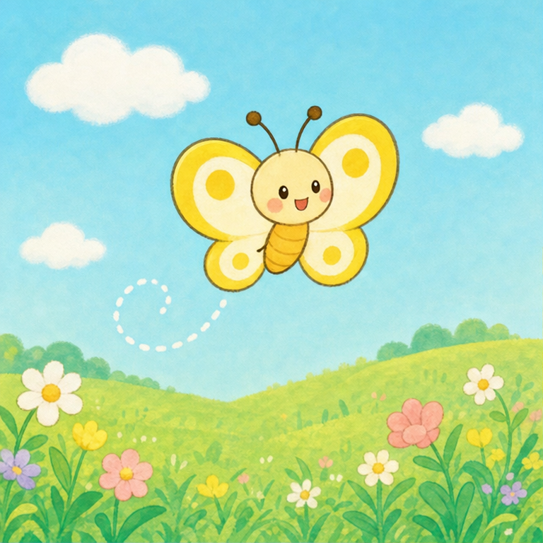ちょうちょ、ちょうちょ。
春の あたたかい お空を、ひらひら 飛んでいます。
ちょうちょは、小さな はねを 動かして、ふわり ふわりと 進みます。
どこへ 行くのかな？