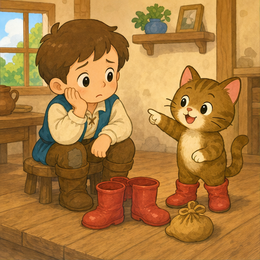 あるところに、若い男の人がいました。
男の人はあまりお金がなくて、ちょっぴり困っていました。
すると、飼っていた猫が言いました。
「ご主人さま、ぼくに長靴と袋をください。きっと助けてみせます！」
ご主人さまはびっくりしましたが、猫に長靴をはかせてあげました。