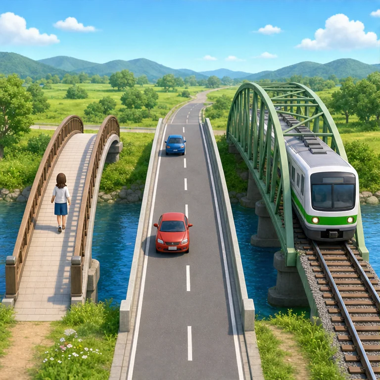 There are many kinds of bridges.
Some bridges are for people to walk on.
Some bridges are for cars or trains to cross.
