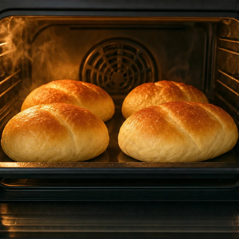 Bread dough is baked in an oven.
When it bakes, it becomes bigger and fluffy.
It turns golden-brown and smells good.