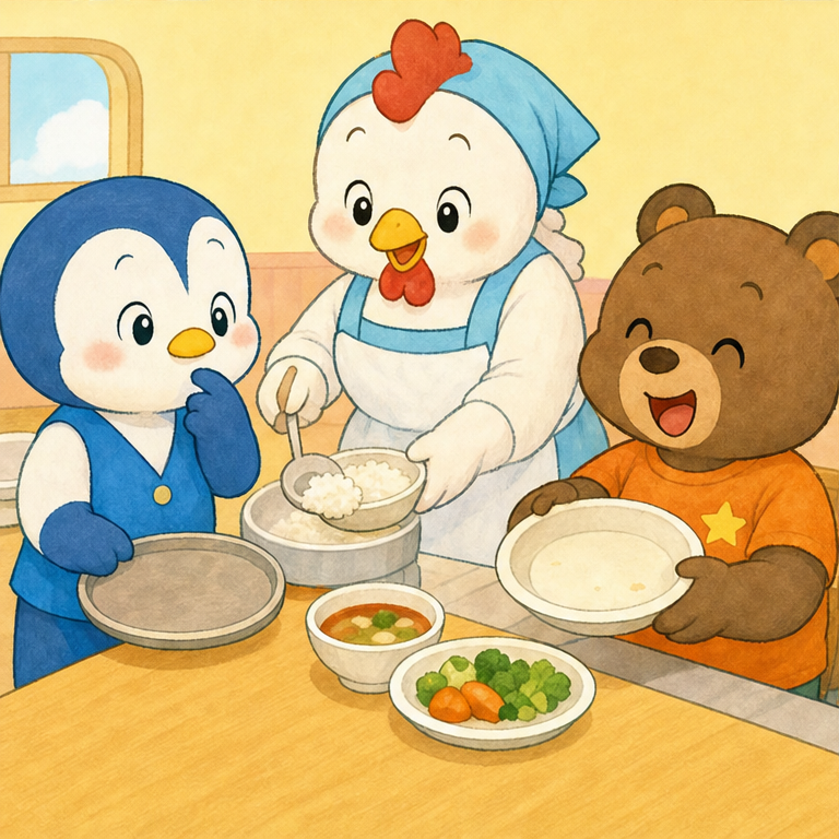 おなかとそうだんして、食べられる分だけもらいます。
少しにして、もっと食べたいときはおかわりしてもいいね。
食べ物を大切にするやさしいくふうです。