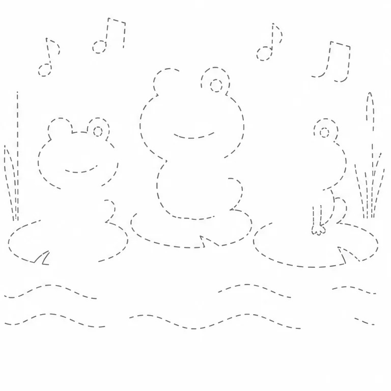 さいごは、たりない ところを じぶんで かいてみよう。
のこっている せんを てがかりにして、カエルを かんせいさせてね。
おんぷや なみも かき足して、がっしょうの えを しあげよう。