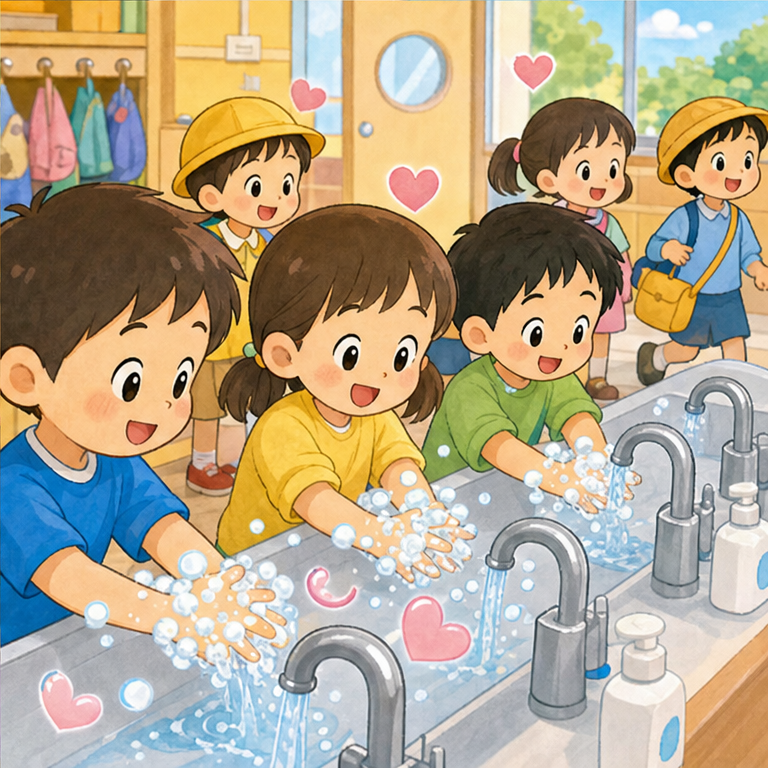 それから ゆうたくんは、わすれずに てを あらうように なりました。
おそとから かえったとき。
きゅうしょくの まえ。トイレの あと。
てあらいは、みんなを まもる ちいさな やさしさだね。