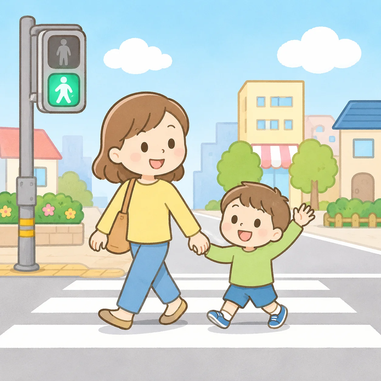 自動車は便利ですが、走っている車の近くは危ないことがあります。
道を渡るときは、横断歩道を渡ります。
信号を見て、右と左をよく見ます。
小さい子は、大人と手をつないで歩きましょう。